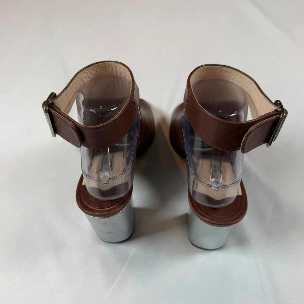 Prada Brown Leather Peep Toe Cutout Ankle Boots Silver Mirrored Block Heel Sz 38